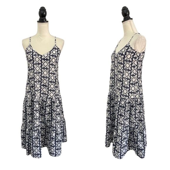 Oliphant White & Blue Geometric Metallic Gauze Tiered Midi Vacation Dress Small - Picture 1 of 9